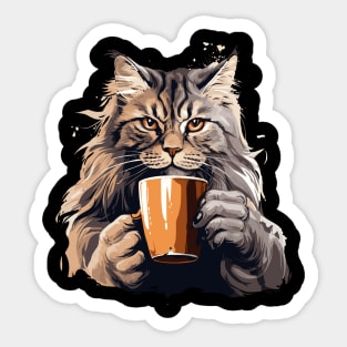 Maine Coon Cat Drinking Coffee Sticker